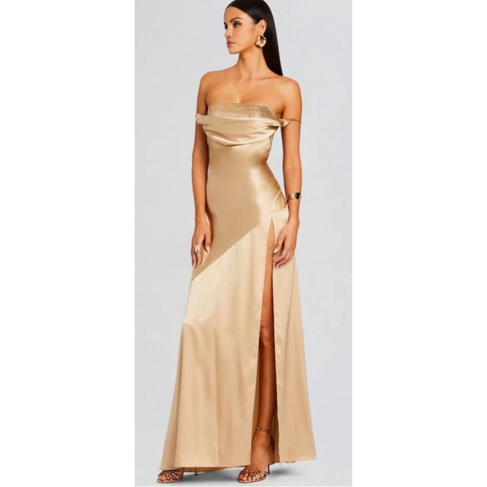 RETROFETE Emery Crystal Embellished Silk Nude Gold Maxi Dress Size Medium - Picture 3 of 11